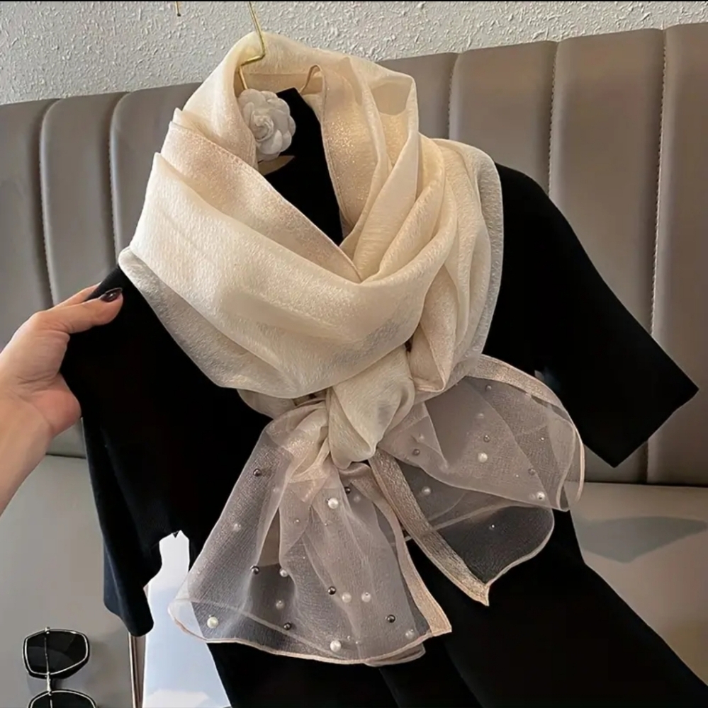 Scarf Elegant Beige Pearl-Embellished with Gold Accent